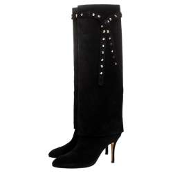 Pre Owned Valentino Black Suede Rockstud Tie Foldover Knee Length Boots Size 37