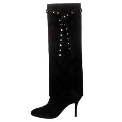 Pre Owned Valentino Black Suede Rockstud Tie Foldover Knee Length Boots Size 37