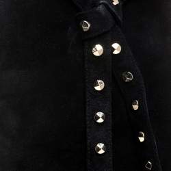 Pre Owned Valentino Black Suede Rockstud Tie Foldover Knee Length Boots Size 37