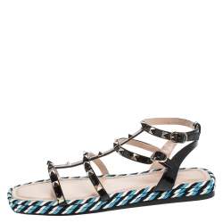 Pre Owned Valentino Black Patent Leather Rockstud Torchon Cage Espadrille Flats Size 41