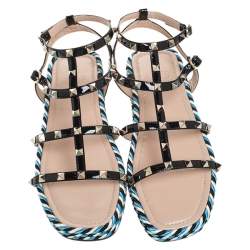 Pre Owned Valentino Black Patent Leather Rockstud Torchon Cage Espadrille Flats Size 41