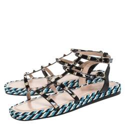 Pre Owned Valentino Black Patent Leather Rockstud Torchon Cage Espadrille Flats Size 41