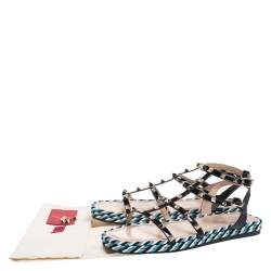 Pre Owned Valentino Black Patent Leather Rockstud Torchon Cage Espadrille Flats Size 41