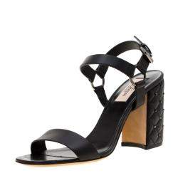 Pre Owned Valentino Black Leather Rockstud Spike Block Heel Sandals Size 39