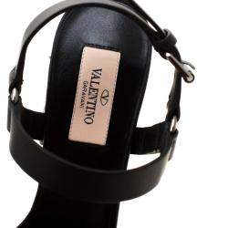 Pre Owned Valentino Black Leather Rockstud Spike Block Heel Sandals Size 39