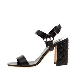 Pre Owned Valentino Black Leather Rockstud Spike Block Heel Sandals Size 39