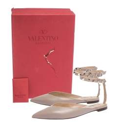Pre Owned Valentino Poudre Leather Rockstud Ankle Wrap Ballet Flats Size 35