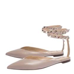 Pre Owned Valentino Poudre Leather Rockstud Ankle Wrap Ballet Flats Size 35