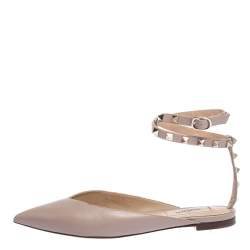 Pre Owned Valentino Poudre Leather Rockstud Ankle Wrap Ballet Flats Size 35