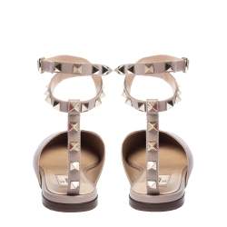 Pre Owned Valentino Poudre Leather Rockstud Ankle Wrap Ballet Flats Size 35