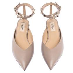 Pre Owned Valentino Poudre Leather Rockstud Ankle Wrap Ballet Flats Size 35