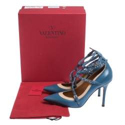 Pre Owned Valentino Blue/Beige Leather Rockstud Trim Ankle Wrap Pointed Toe Pumps Size 38.5