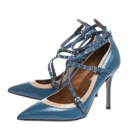 Pre Owned Valentino Blue/Beige Leather Rockstud Trim Ankle Wrap Pointed Toe Pumps Size 38.5