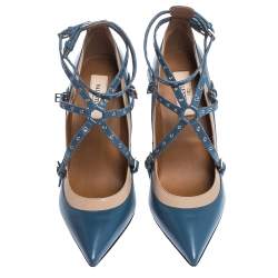 Pre Owned Valentino Blue/Beige Leather Rockstud Trim Ankle Wrap Pointed Toe Pumps Size 38.5