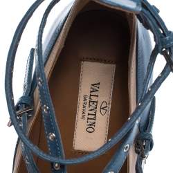 Pre Owned Valentino Blue/Beige Leather Rockstud Trim Ankle Wrap Pointed Toe Pumps Size 38.5
