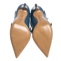 Pre Owned Valentino Blue/Beige Leather Rockstud Trim Ankle Wrap Pointed Toe Pumps Size 38.5