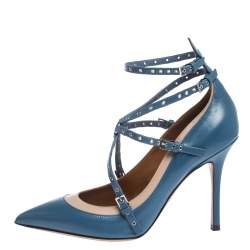 Pre Owned Valentino Blue/Beige Leather Rockstud Trim Ankle Wrap Pointed Toe Pumps Size 38.5