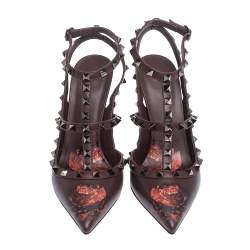 Pre Owned Valentino Rubin Rose by Undercover Print Leather Rockstud Strappy Sandals Size 39