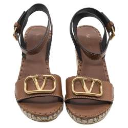 Valentino Brown Leather VLOGO Espadrilles Wedge Sandals Size 40