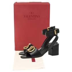 Pre Owned Valentino Black Leather Vlogo Ankle Wrap Block Heel Sandals Size 37