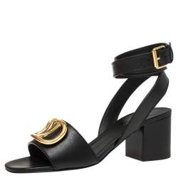 Pre Owned Valentino Black Leather Vlogo Ankle Wrap Block Heel Sandals Size 37