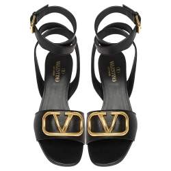 Pre Owned Valentino Black Leather Vlogo Ankle Wrap Block Heel Sandals Size 37