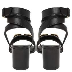 Pre Owned Valentino Black Leather Vlogo Ankle Wrap Block Heel Sandals Size 37