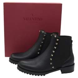 Valentino Black Fabric and Leather Rockstud Ankle Boots Size 38.5