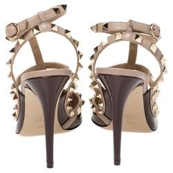 Pre Owned Valentino Ruby Red/ Beige Patent Leather Rockstud Embellished Ankle Strap Pointed Toe Sandals Size 41