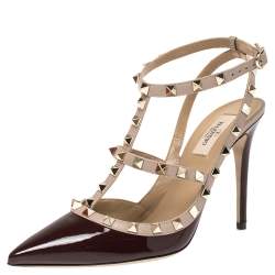 Pre Owned Valentino Ruby Red/ Beige Patent Leather Rockstud Embellished Ankle Strap Pointed Toe Sandals Size 41