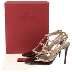 Pre Owned Valentino Ruby Red/ Beige Patent Leather Rockstud Embellished Ankle Strap Pointed Toe Sandals Size 41
