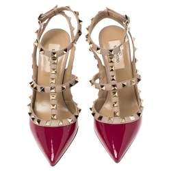 Valentino Raspberry Pink Patent Leather Rockstud Embellished Pointed Toe Sandals Size 36