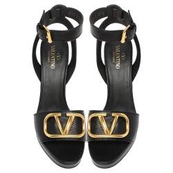 Valentino Black Leather VLOGO Ankle Strap Block Heel Sandals Size 37.5