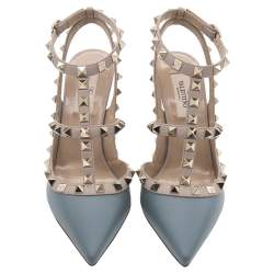 Pre Owned Valentino Dark Grey/Beige Leather Rockstud Embellished Pointed Toe Sandals Size 37.5