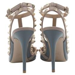 Pre Owned Valentino Dark Grey/Beige Leather Rockstud Embellished Pointed Toe Sandals Size 37.5