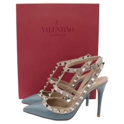 Pre Owned Valentino Dark Grey/Beige Leather Rockstud Embellished Pointed Toe Sandals Size 37.5