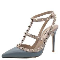 Pre Owned Valentino Dark Grey/Beige Leather Rockstud Embellished Pointed Toe Sandals Size 37.5