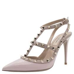 Valentino Rose Pink Patent Leather Rockstud Embellished Pointed Toe Sandals Size 38.5