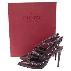 Valentino Dark Burgundy Patent Leather Rockstud Embellished Pointed Toe Sandals Size 35
