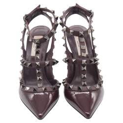 Valentino Dark Burgundy Patent Leather Rockstud Embellished Pointed Toe Sandals Size 35