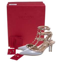Valentino Pastel Grey/ Beige Patent Leather Rockstud Embellished Ankle Strap Pointed Toe Sandals Size 36