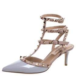 Valentino Pastel Grey/ Beige Patent Leather Rockstud Embellished Ankle Strap Pointed Toe Sandals Size 36