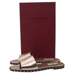 Valentino Metallic Bronze Leather Flat Slides Size 38