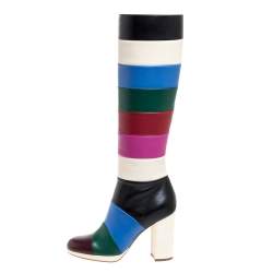 Pre Owned Valentino Multicolor Leather Colorblock Zip Knee Length Boots Size 37