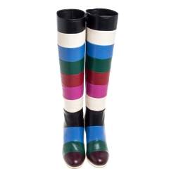 Pre Owned Valentino Multicolor Leather Colorblock Zip Knee Length Boots Size 37