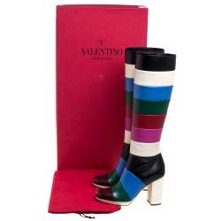 Pre Owned Valentino Multicolor Leather Colorblock Zip Knee Length Boots Size 37