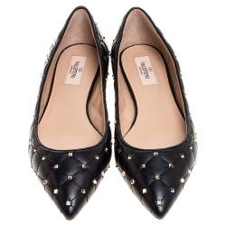Pre Owned Valentino Black Leather Rockstud Embellished Pointed Toe Ballet Flats Size 38