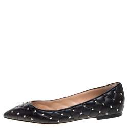 Pre Owned Valentino Black Leather Rockstud Embellished Pointed Toe Ballet Flats Size 38