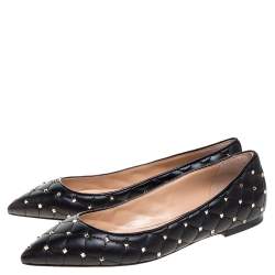 Pre Owned Valentino Black Leather Rockstud Embellished Pointed Toe Ballet Flats Size 38