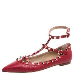 Pre Owned Valentino Red Leather Rockstud Embellished Ankle Strap Pointed Toe Ballet Flats Size 38.5